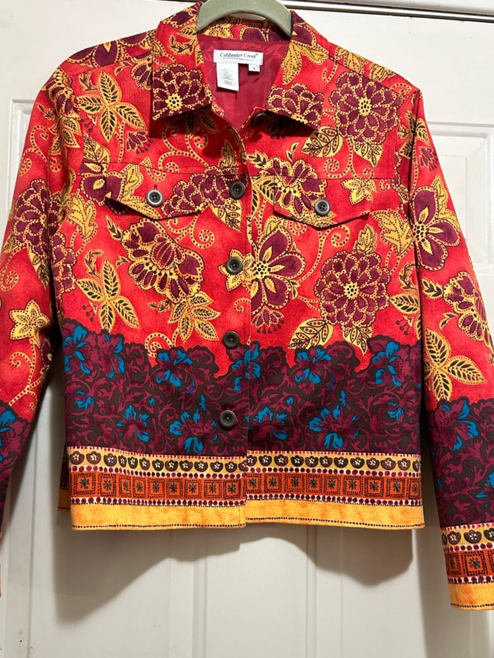 Coldwater Creek Red Floral Button-Front Jacket with Blue Accents Vintage!